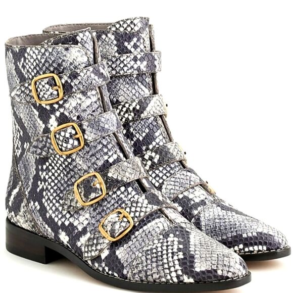 J Crew Women's Multi-Buckle Snake-Embossed Leather Moto Biker Boots Sz 7 - Picture 2 of 11